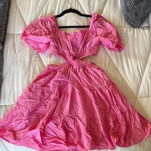 Amazon Pink Cutout Puff-Sleeve Midi Dress